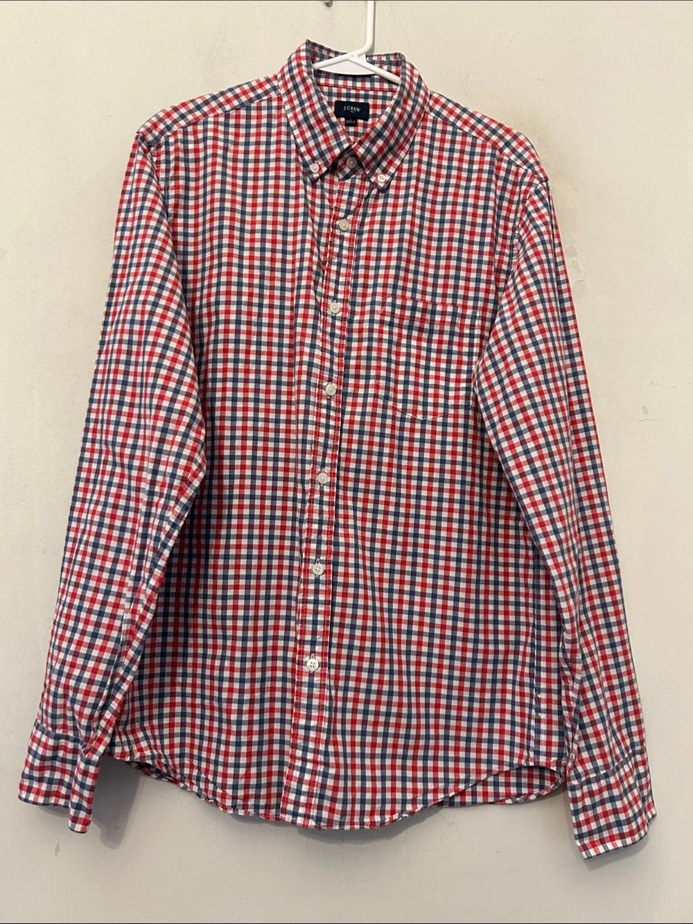 J. Crew Men's Red, Blue & White Gingham Button-Down Shirt Slim fit Size L EUC